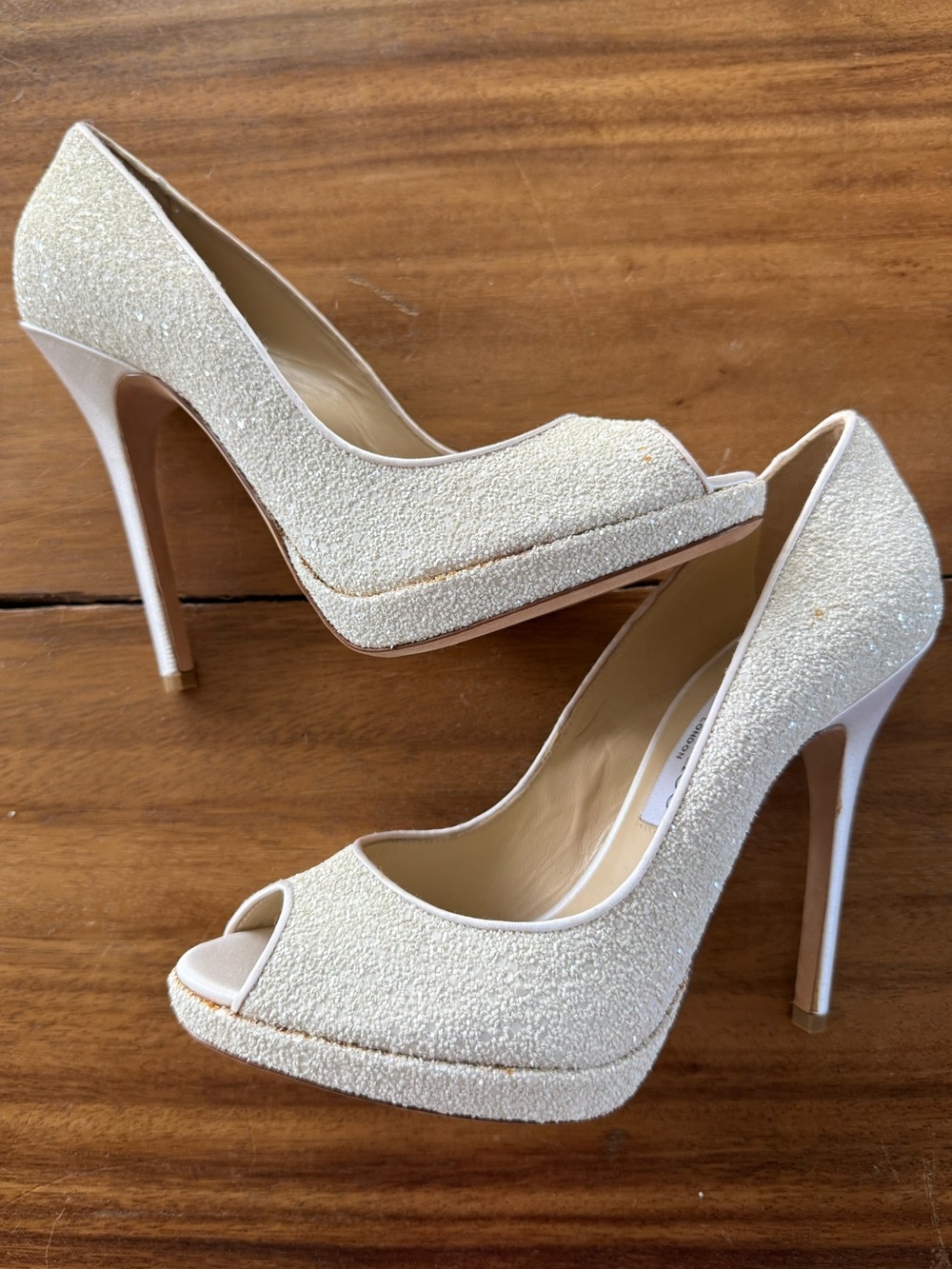 Vintage Jimmy Choo Ivory Glitter Peep-Toe Platform Stilettos